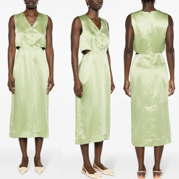 SANDRO Abby Sleeveless Cut-Out Metallic Pinstriped Lurex Satin Vest Midi Dress - Picture 5 of 16